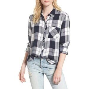 Rails women's shirt XS blue white plaid Hunter Midnight Pink long sleeve button